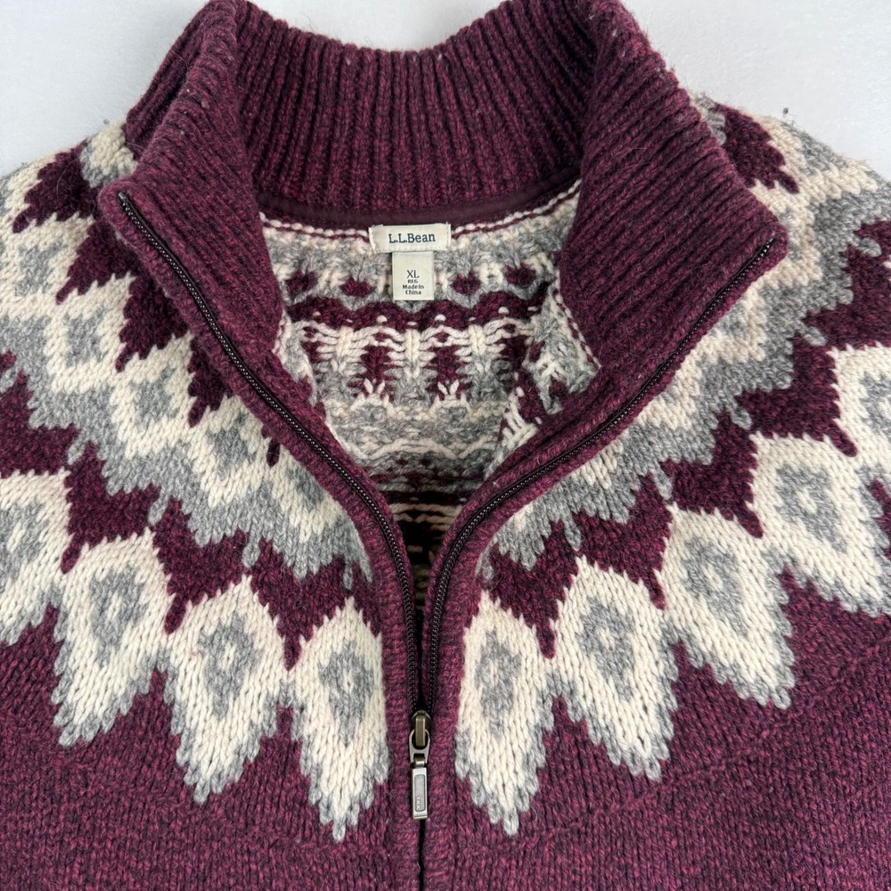 LL Bean Lambs Wool Knit Cardigan Sweater Zip Fair Isle Burgundy Size XL - Picture 4 of 9